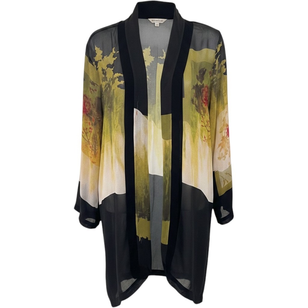 Dressori Small Silk Kimono Duster Asian Landscape Floral Crane Print Lagenlook